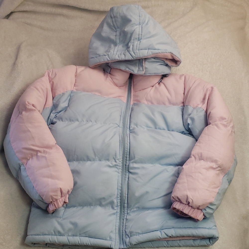 Girls Operation Warm Pastel Pink and Blue Hooded Puffer Jacket